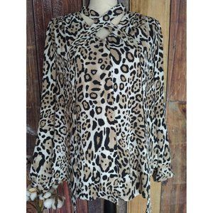 Chico's Womens Long Sleeve Animal Print Blouse With Tie Tan Black Cream Size 1